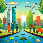 A vibrant, optimistic illustration depicting the interconnectedness of environmental, social, and economic sustainability. Show diverse individuals from different sectors collaborating harmoniously within a balanced ecosystem that includes lush nature, modern cityscapes, and innovative business symbols. Emphasize concepts like ESG (Environmental, Social, Governance), green investment, and ethical consumerism, suggesting a future where sustainability is fundamental for survival and prosperity.