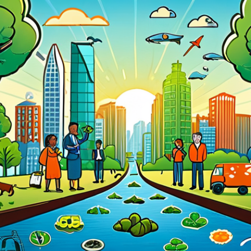 Home 16 A vibrant, optimistic illustration depicting the interconnectedness of environmental, social, and economic sustainability. Show diverse individuals from different sectors collaborating harmoniously within a balanced ecosystem that includes lush nature, modern cityscapes, and innovative business symbols. Emphasize concepts like ESG (Environmental, Social, Governance), green investment, and ethical consumerism, suggesting a future where sustainability is fundamental for survival and prosperity.