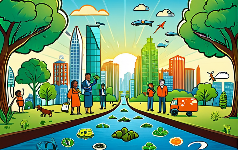 A vibrant, optimistic illustration depicting the interconnectedness of environmental, social, and economic sustainability. Show diverse individuals from different sectors collaborating harmoniously within a balanced ecosystem that includes lush nature, modern cityscapes, and innovative business symbols. Emphasize concepts like ESG (Environmental, Social, Governance), green investment, and ethical consumerism, suggesting a future where sustainability is fundamental for survival and prosperity.