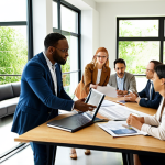 **Image Prompt:** A diverse group of business leaders collaborating around a table, reviewing sustainability reports and discussing innovative solutions for environmental impact reduction. The setting is a modern, eco-friendly office space with natural light and visible green initiatives. The atmosphere is collaborative and forward-thinking, reflecting data-driven decision-making.
