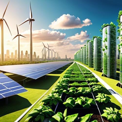 Home 8 **Prompt 1: The Macro Transformation**
"A panoramic, eco-futuristic cityscape seamlessly blending advanced technology with lush natural elements. Modern skyscrapers are adorned with vertical farms and integrated solar panels, while elegant wind turbines dot the distant horizon. Subtle, glowing digital lines crisscross the scene, symbolizing interconnected sustainable supply chains, global data flows, and embedded ESG principles driving a profound industrial and economic transformation. The overall impression is one of vibrant growth, innovation, and a harmonious balance between human progress and planetary well-being."
