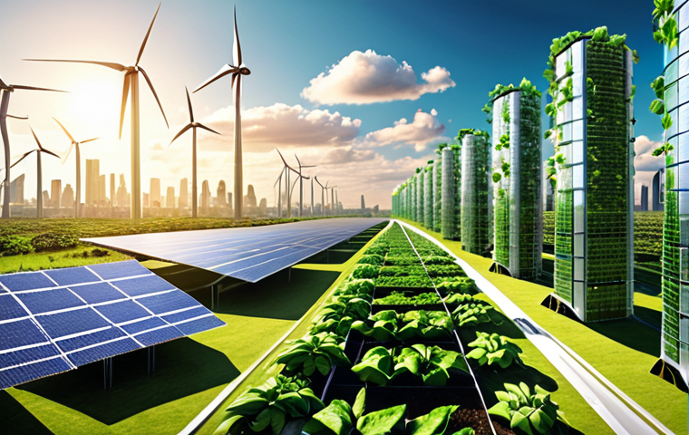 **Prompt 1: The Macro Transformation**
"A panoramic, eco-futuristic cityscape seamlessly blending advanced technology with lush natural elements. Modern skyscrapers are adorned with vertical farms and integrated solar panels, while elegant wind turbines dot the distant horizon. Subtle, glowing digital lines crisscross the scene, symbolizing interconnected sustainable supply chains, global data flows, and embedded ESG principles driving a profound industrial and economic transformation. The overall impression is one of vibrant growth, innovation, and a harmonious balance between human progress and planetary well-being."