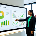 A diverse group of three professionals, including a sustainability strategist, an engineer, and a data scientist, fully clothed in modern business attire, collaborating around a large interactive screen displaying complex sustainability metrics in a bright, contemporary office space with natural light and subtle green design elements. The image features perfect anatomy, correct proportions, well-formed hands, and a natural pose. This is a professional, high-quality photograph, safe for work and appropriate content, showing a family-friendly scene.