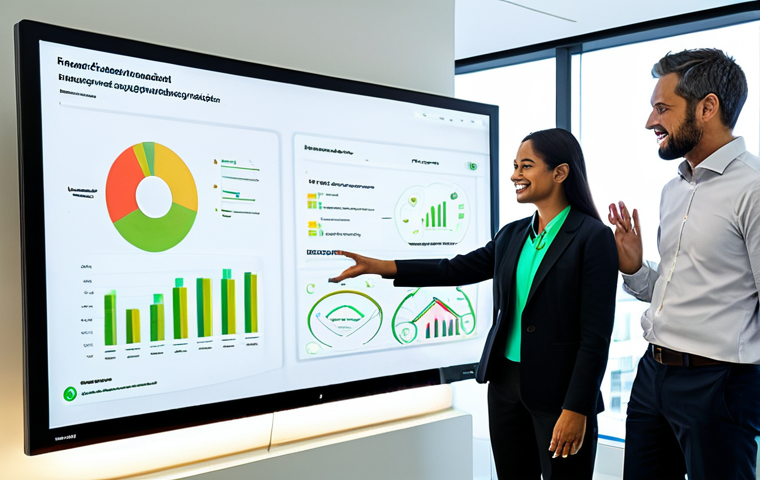 A diverse group of three professionals, including a sustainability strategist, an engineer, and a data scientist, fully clothed in modern business attire, collaborating around a large interactive screen displaying complex sustainability metrics in a bright, contemporary office space with natural light and subtle green design elements. The image features perfect anatomy, correct proportions, well-formed hands, and a natural pose. This is a professional, high-quality photograph, safe for work and appropriate content, showing a family-friendly scene.