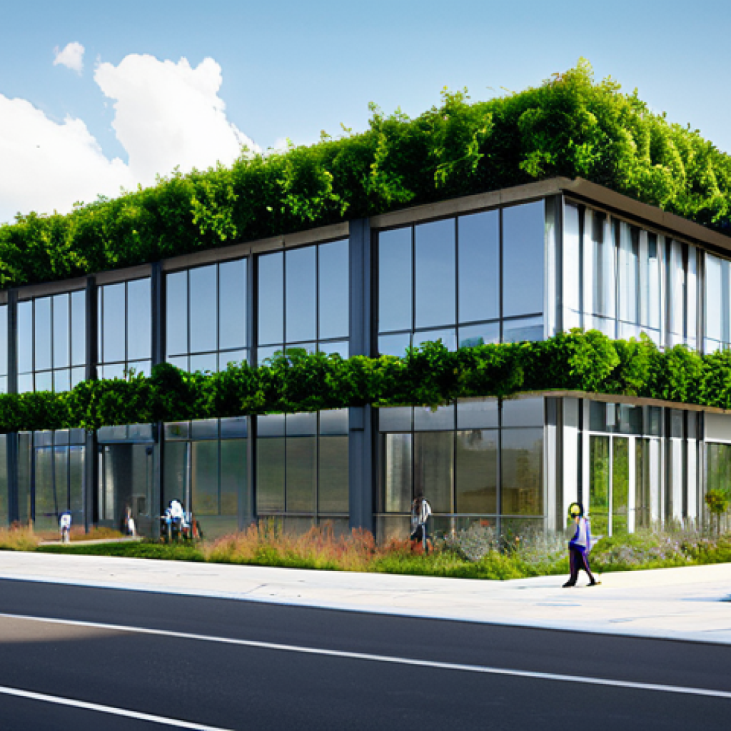 Sustainable Building Design**

"Architectural rendering of a modern, sustainable office building, showcasing green roofs, solar panels, and large windows, professional architectural photography, daytime, fully clothed people working inside, appropriate attire, safe for work, perfect anatomy, correct proportions, natural pose, bright lighting, LEED certified design, professional, modest, family-friendly."

**
