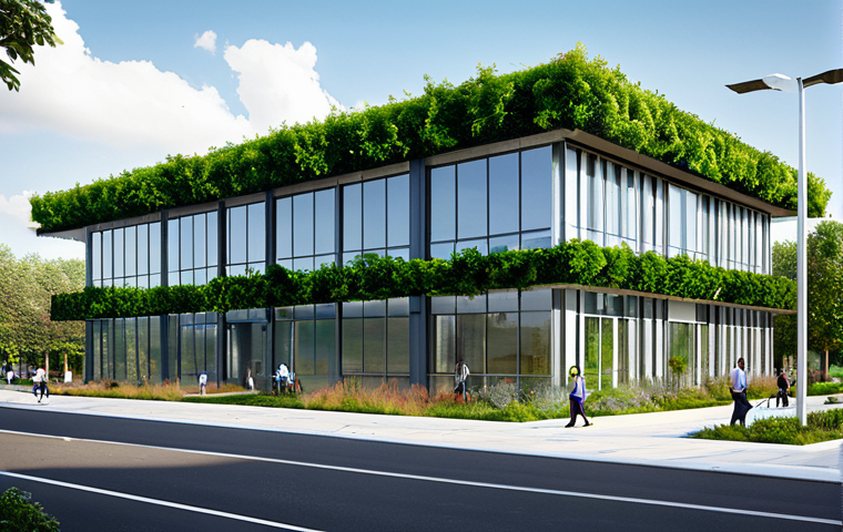 Sustainable Building Design**

"Architectural rendering of a modern, sustainable office building, showcasing green roofs, solar panels, and large windows, professional architectural photography, daytime, fully clothed people working inside, appropriate attire, safe for work, perfect anatomy, correct proportions, natural pose, bright lighting, LEED certified design, professional, modest, family-friendly."

**