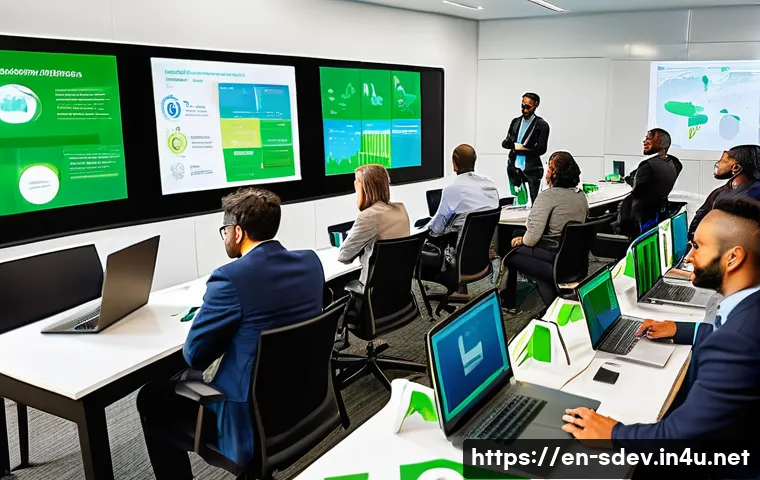 지속가능발전 전문가의 경력 관리 팁 - A professional setting showing a diverse group of sustainability experts engaged in a collaborative ...