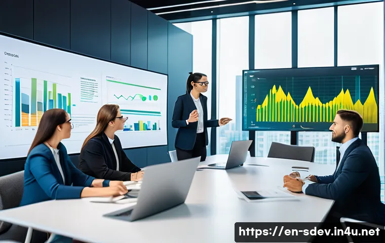 지속가능발전 전문가의 이직과 연봉 협상 - A modern corporate office setting with a diverse group of professionals engaged in a sustainability ...