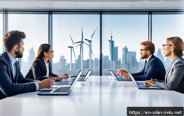 지속가능발전 전문가의 업무와 역할 - A modern corporate boardroom scene showing diverse business professionals engaged in a strategic sus...