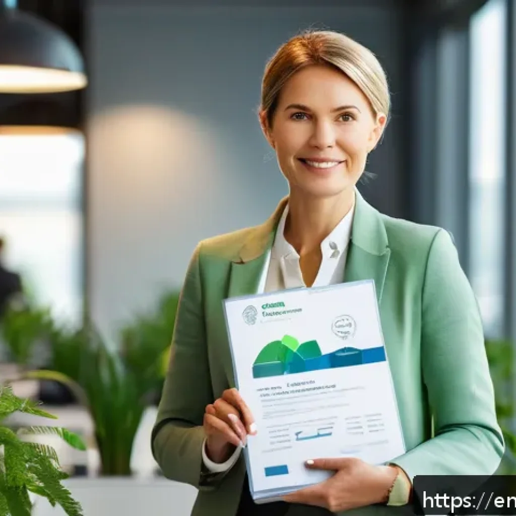 지속가능발전 관련 자격증과 자격 요건 - A professional woman in business casual attire, holding a sustainability certification folder, stand...