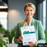 Home 23 지속가능발전 관련 자격증과 자격 요건 - A professional woman in business casual attire, holding a sustainability certification folder, stand...