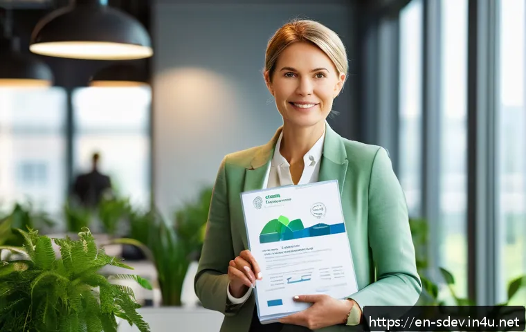 지속가능발전 관련 자격증과 자격 요건 - A professional woman in business casual attire, holding a sustainability certification folder, stand...